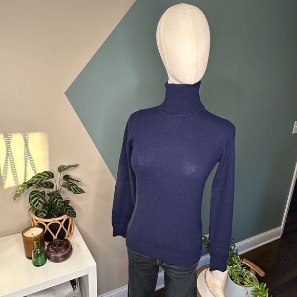 Vintage Sweaters - Vintage 100% Cashmere Turtleneck Sweater Navy Blue Scottish Spun Hong Kong Sz S